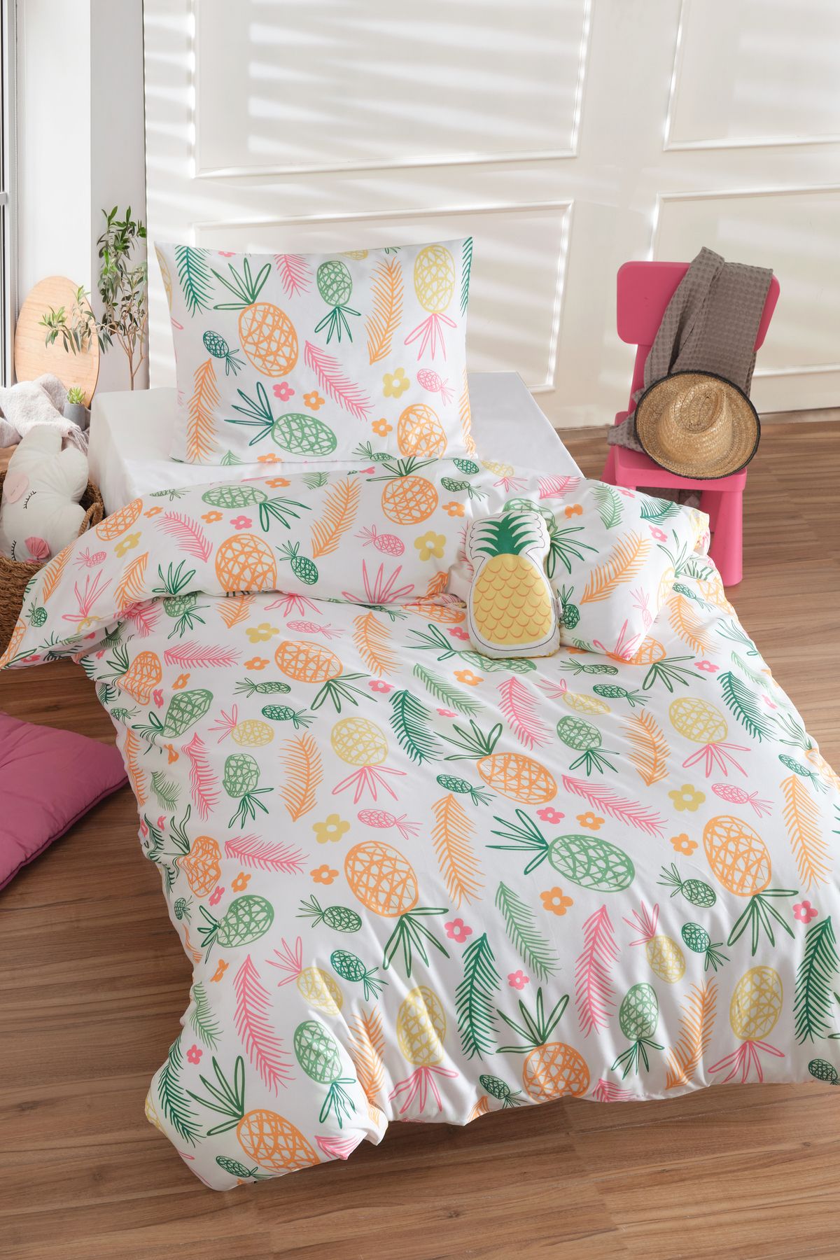 Eponj Home Tek Kişilik Pamuklu Nevresim Takımı 3 Parça – Tropik Desen – Beyaz / Yumuşak Dokulu