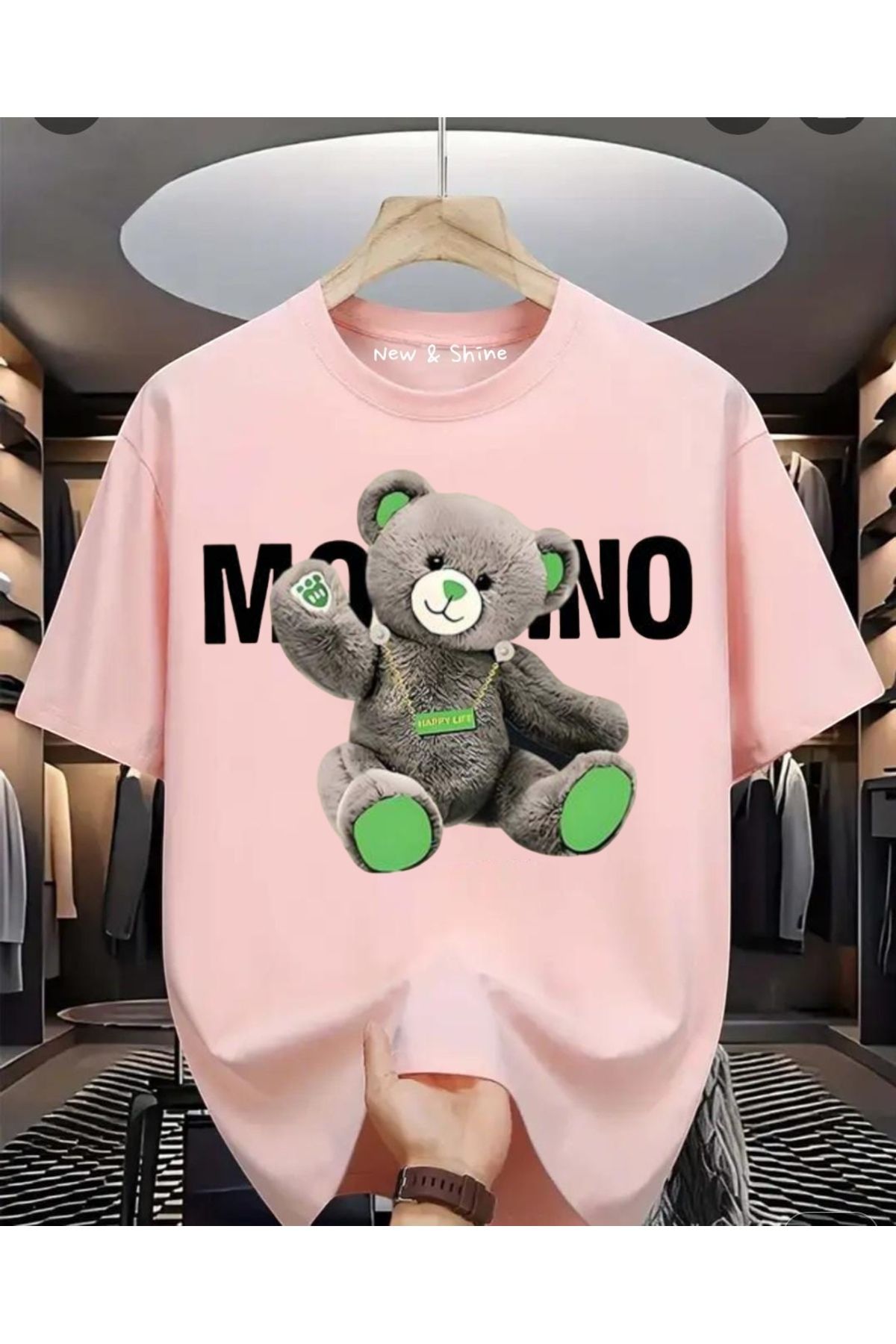 New Shine Gri Ayıcık Baskılı Oversize T-Shirt