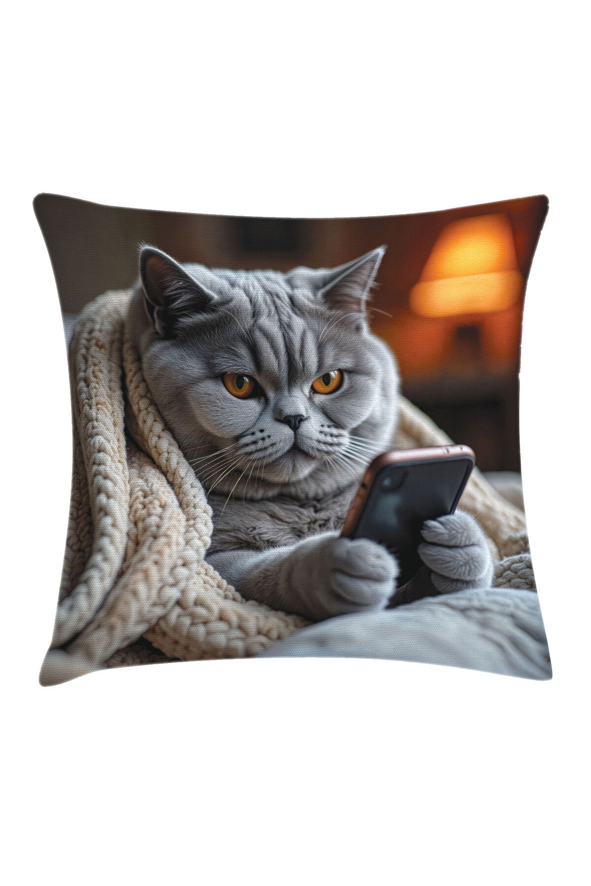 Orange Venue British Shorthair Desenli Minder Kılıfı, Telefonlu Kedi, Mavi Gri ve Karamel