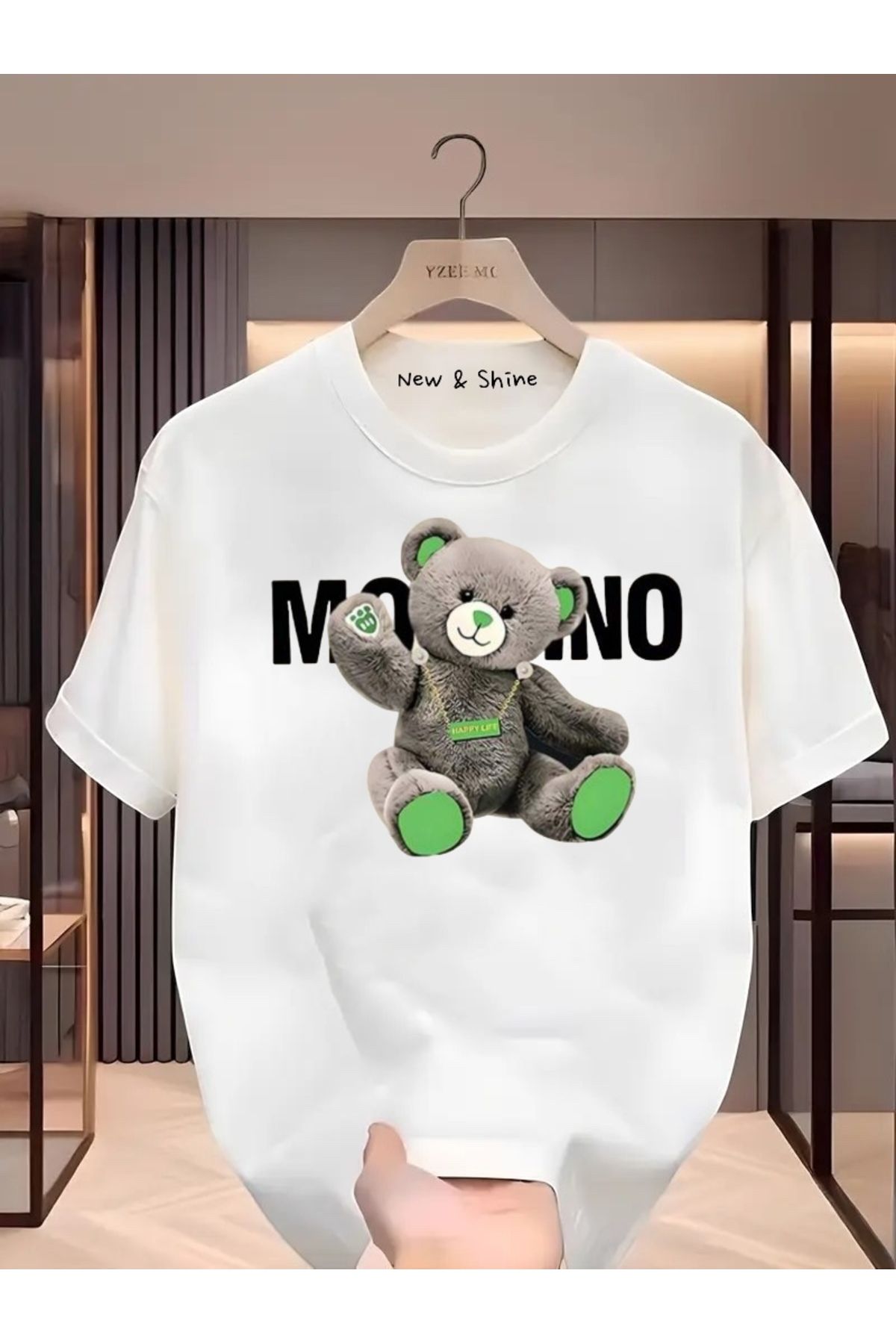 New Shine Gri Ayıcık Baskılı Oversize T-Shirt