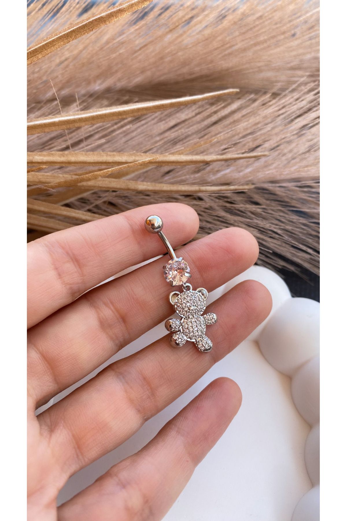 JustGAF Gümüş Renk Ayıcık Figürlü Zirkon Taşlı Cerrahi Çelik Göbek Piercing