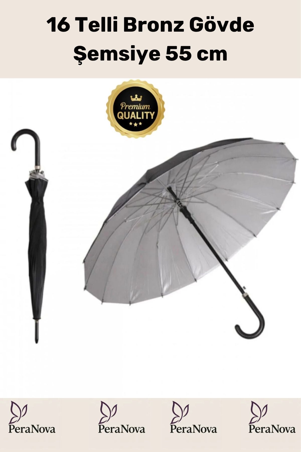 PeraNova Premium Otomatik Mekanizma Baston Tip Rüzgar Korumalı Fiber 16 Telli Bronz Gövde Şemsiye 55cm