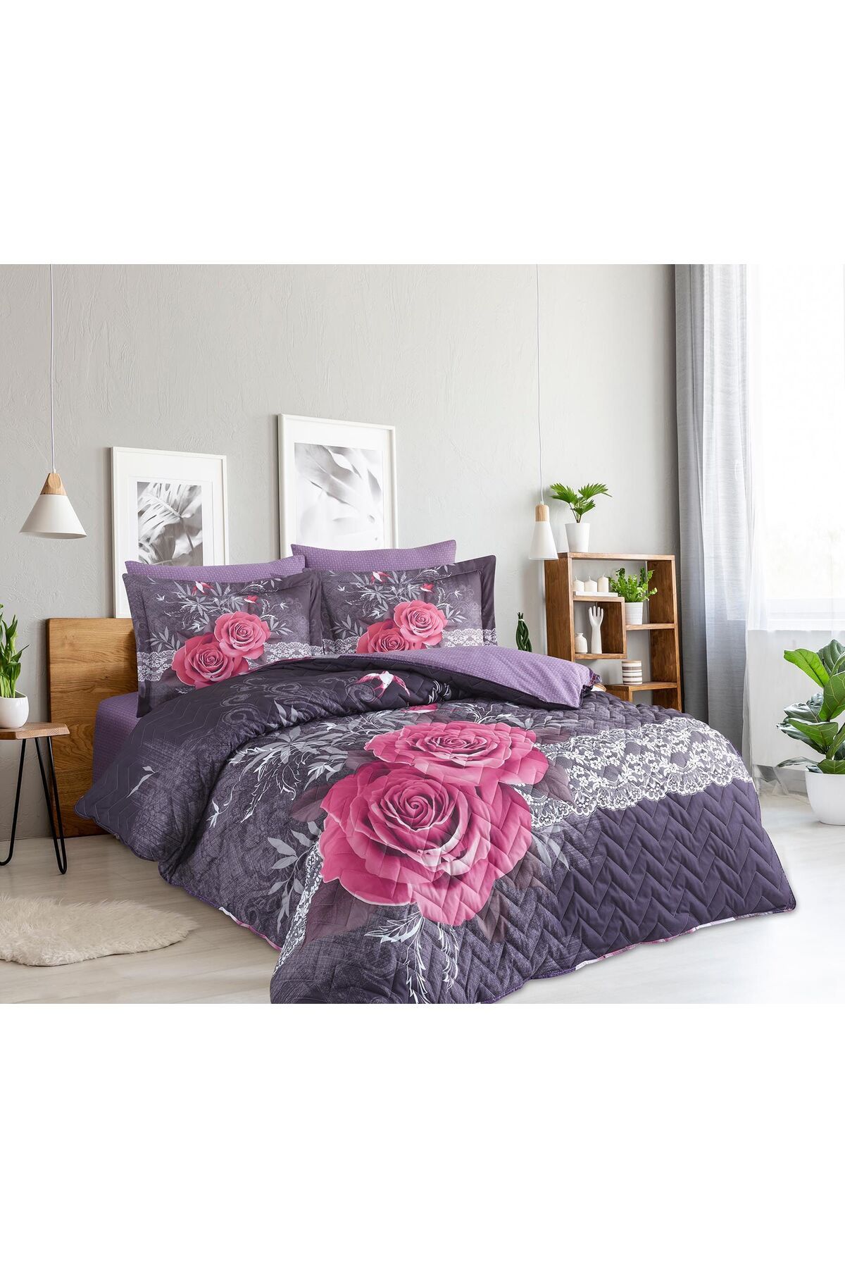 AYBERK HOME TEXTİLE DÖRT MEVSİM KAPİTONELİ ÇİFT KİŞİLİK NEVRESİM SETİ-ROSEV1