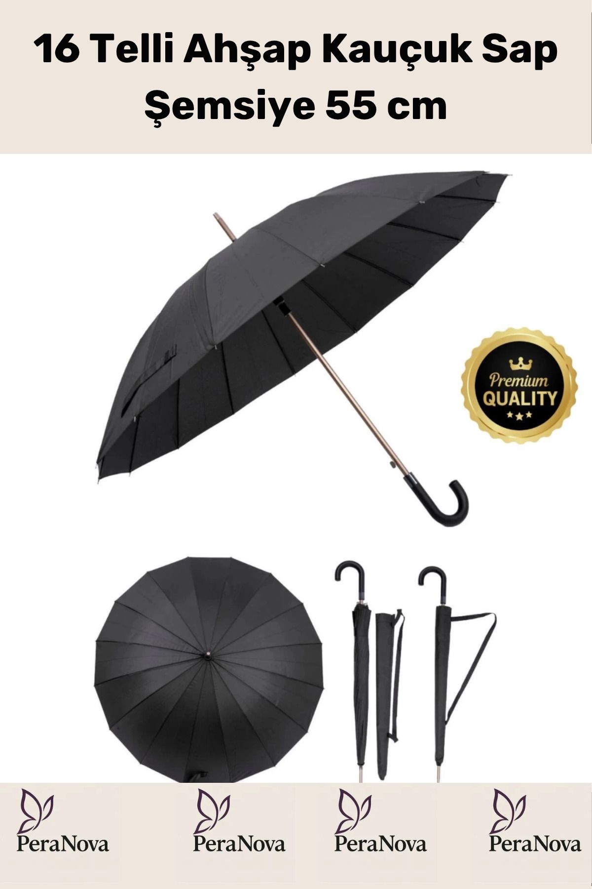 PeraNova Özel Seri Otomatik Mekanizma Baston Tip Rüzgar Korumalı Fiber 16 Telli Ahşap Kauçuk Sap Şemsiye 55cm