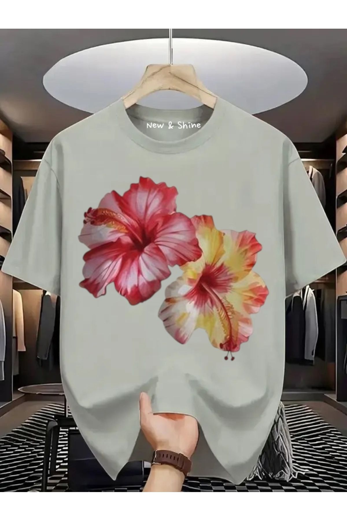New Shine Çiçek Baskılı Büyük Beden Oversize T-Shirt