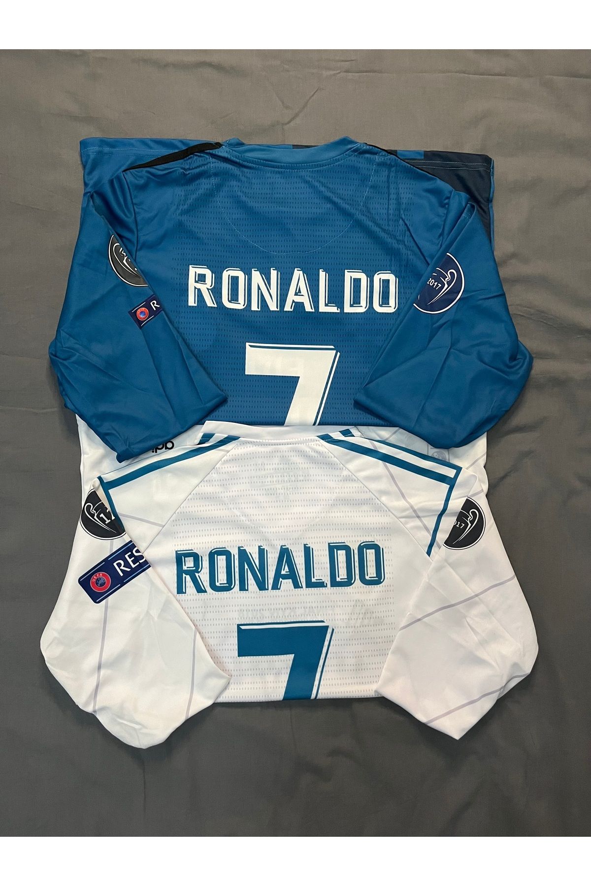 JANJON STAR CR 7 Ronaldo Madrid 2018-2019 Sezonu Beyaz ve Turkuaz Renk İkili Uzun Kollu Forma Seti / Ronaldo