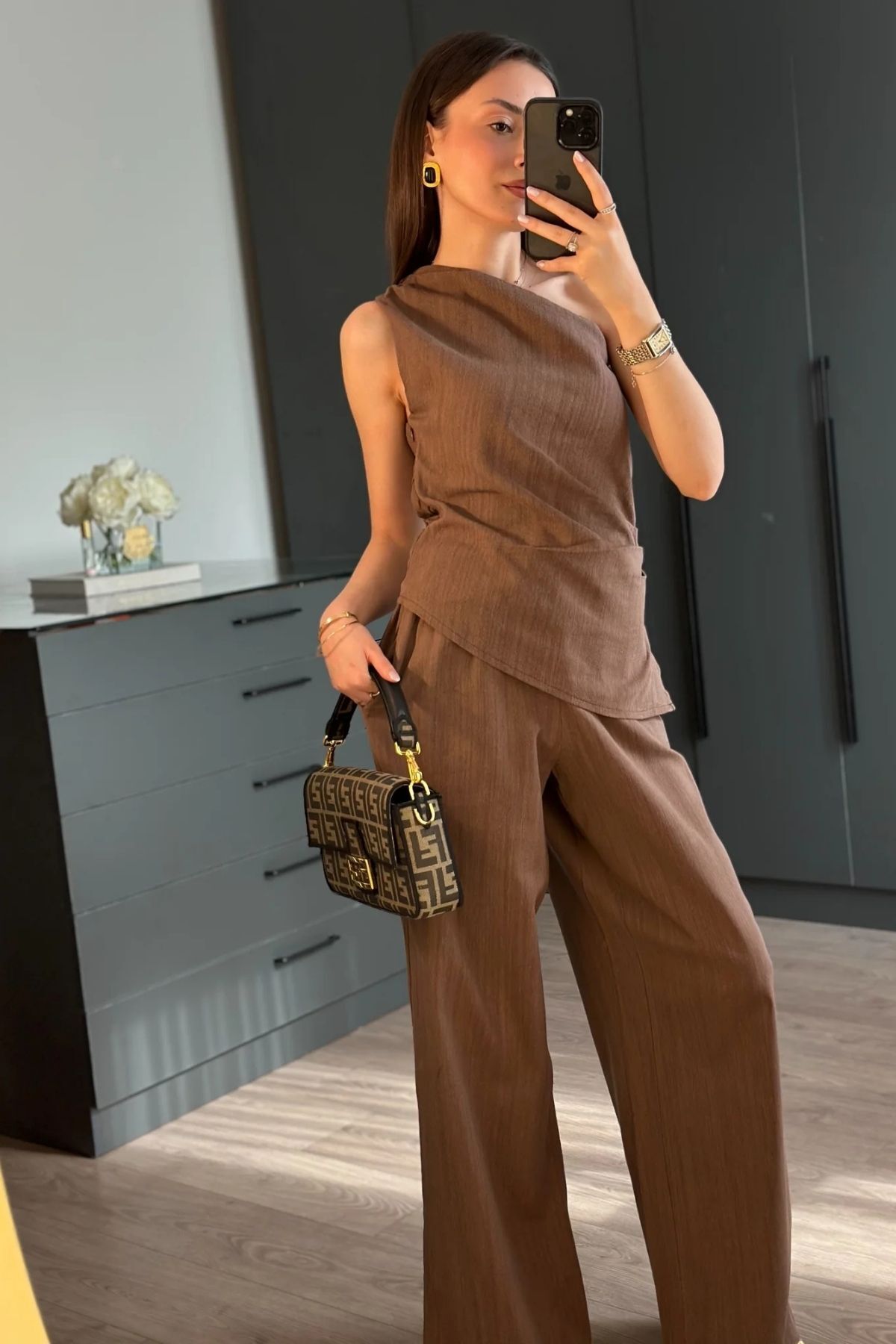 FMN Moda keten kumaş tek omuz drape detay tasarım bluz palazzo geniş paça yüksek bel pantolon pinterest takım