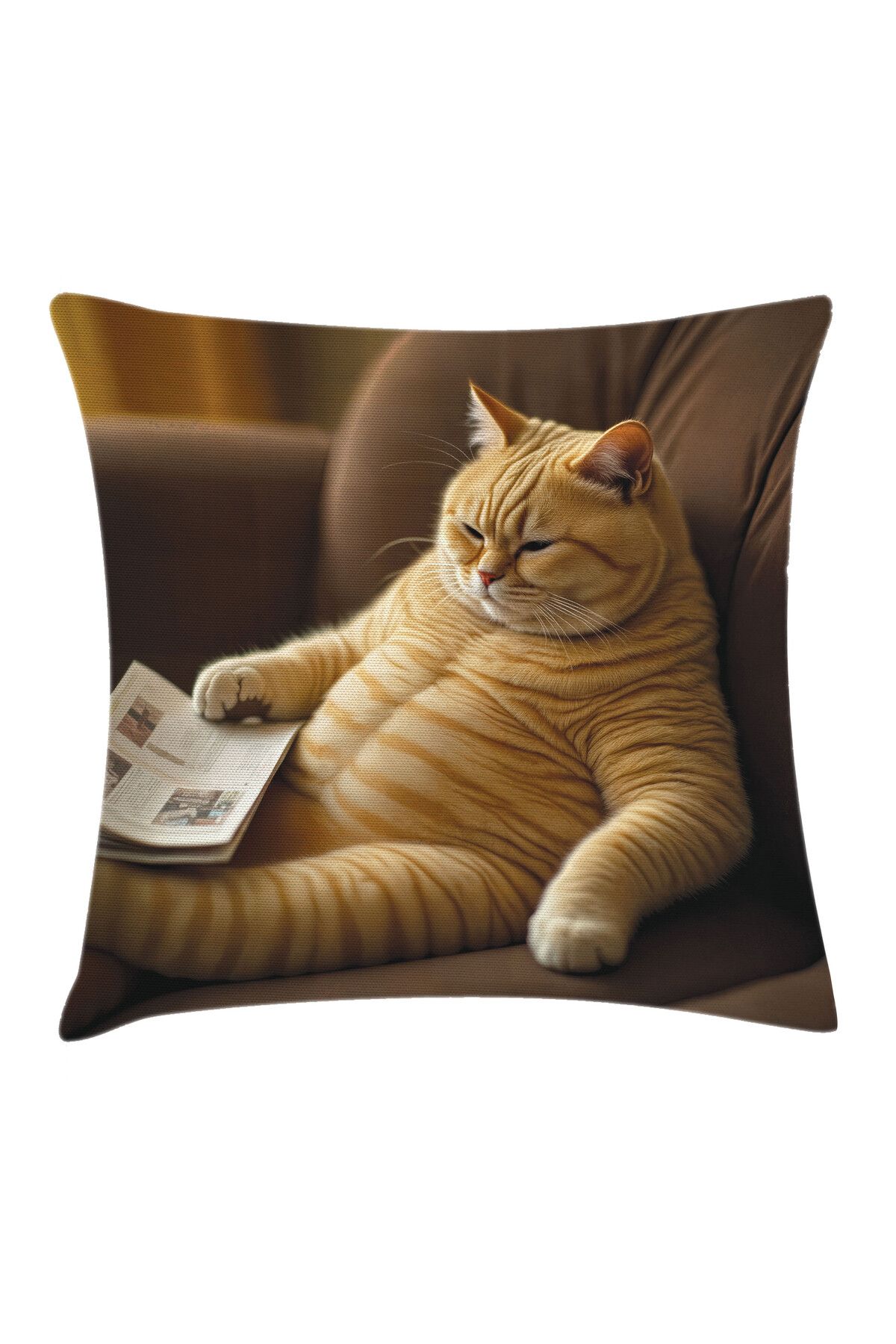 Orange Venue Turuncu Kedi Desenli Minder Kılıfı, Haber Okuyan Patron Kedi, Kum Kahverengi Kakao ve Bej