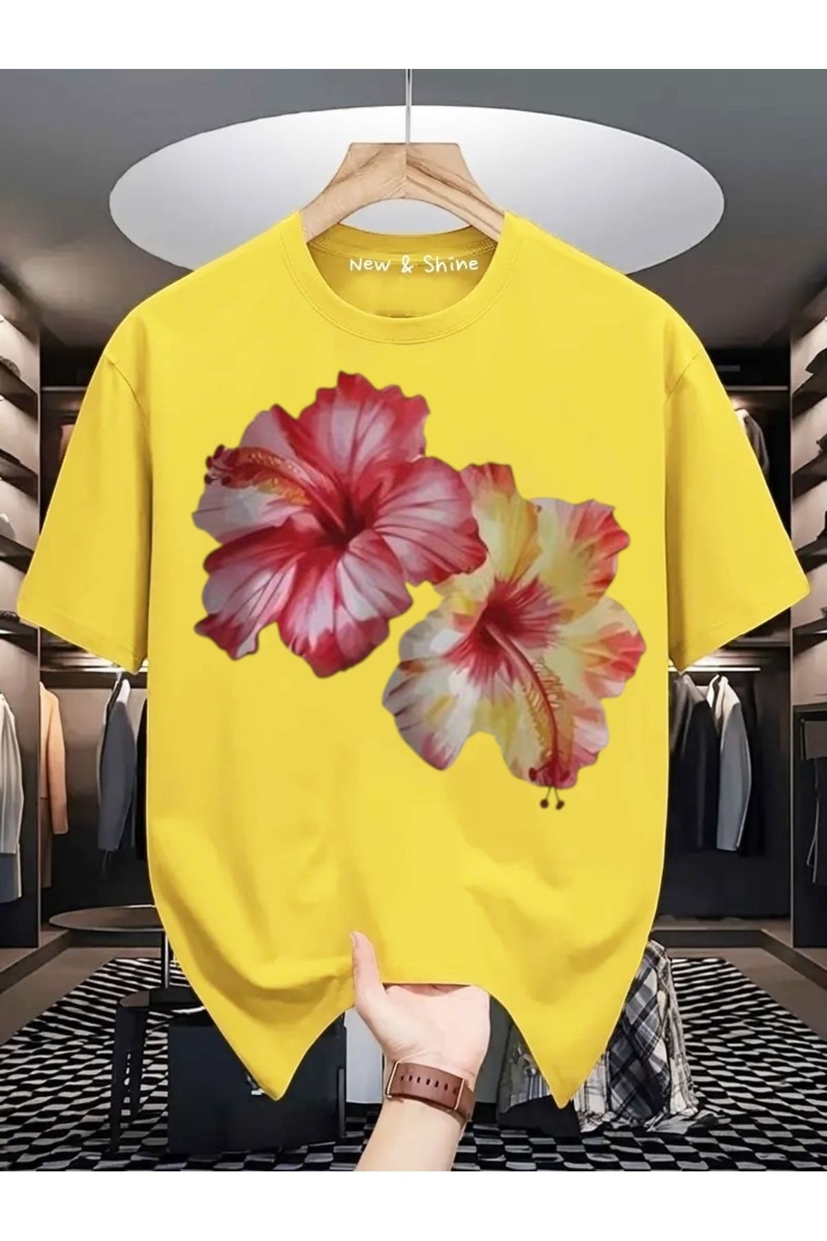 New Shine Çiçek Baskılı Büyük Beden Oversize T-Shirt