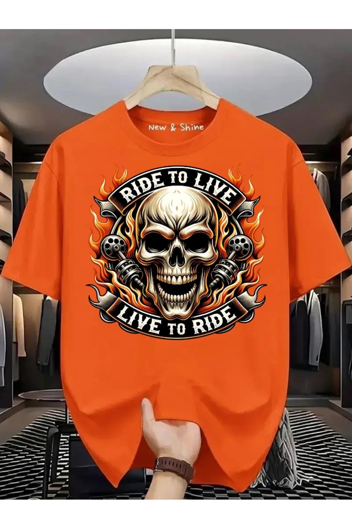 New Shine Ride or Live Baskılı Büyük Beden Oversize T-Shirt