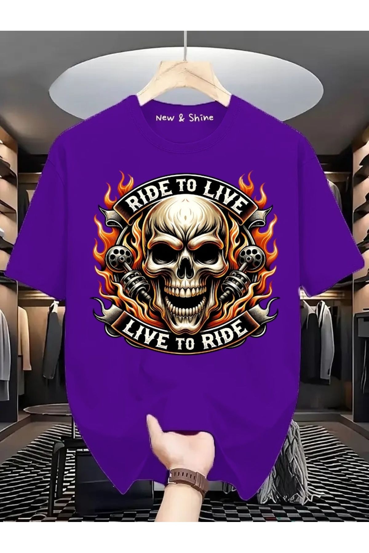 New Shine Ride or Live Baskılı Büyük Beden Oversize T-Shirt