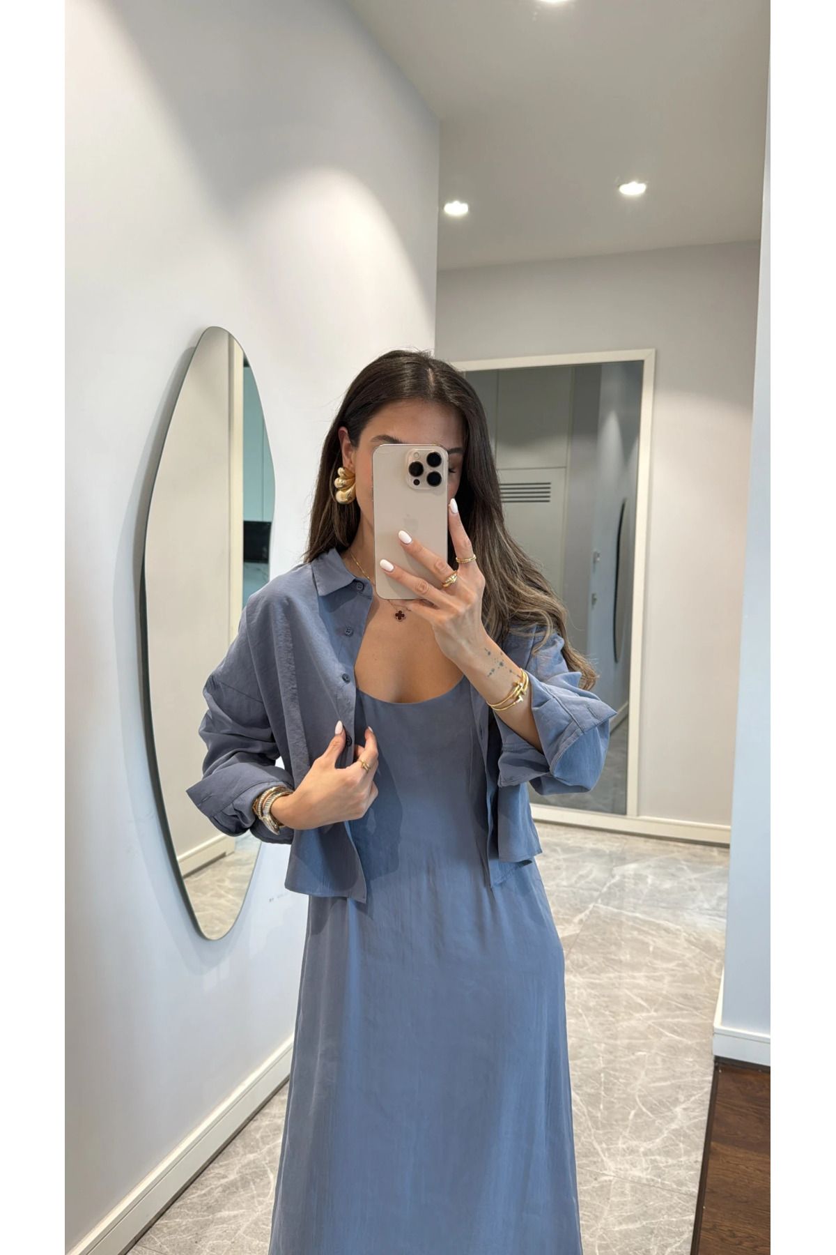 My Blog-Set rochie cămașă modal albastru - gri - 51153 3