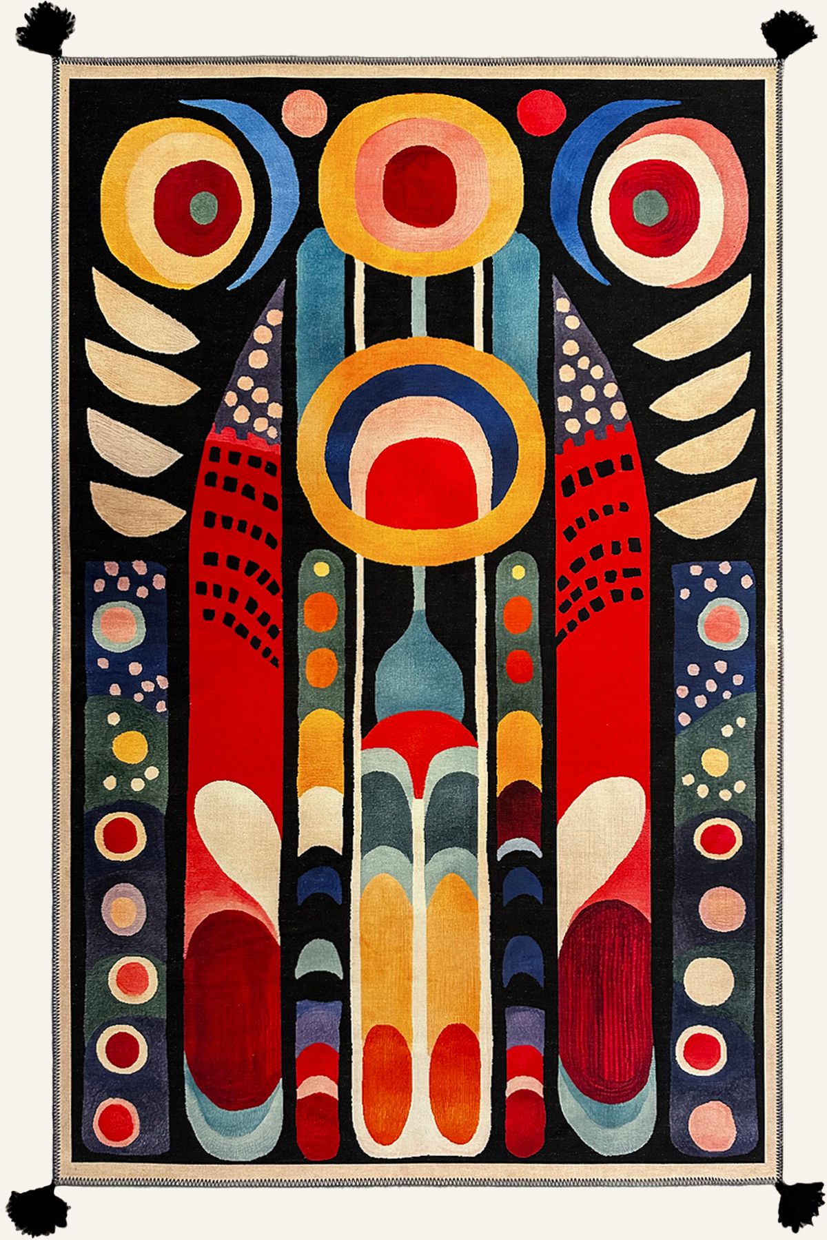kilim home Milano Modern ve Canlı Renkli Geometrik Halı Modeli Siyah Etnik Desenli Püsküllü Yıkanabilir Halı271