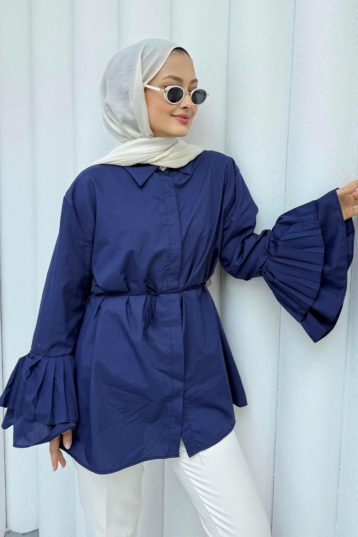 Modaensarbutik Kolu Piliseli Tasarım Tesettür Gömlek-LACİVERT