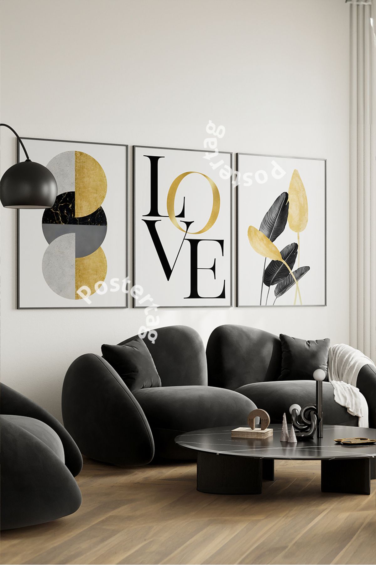 Home 3'lü Gold Detaylı Oturma Odası Tablosu, Poster + Siyah Çerçeve, Siyah Premium Çerçeveli Tablo