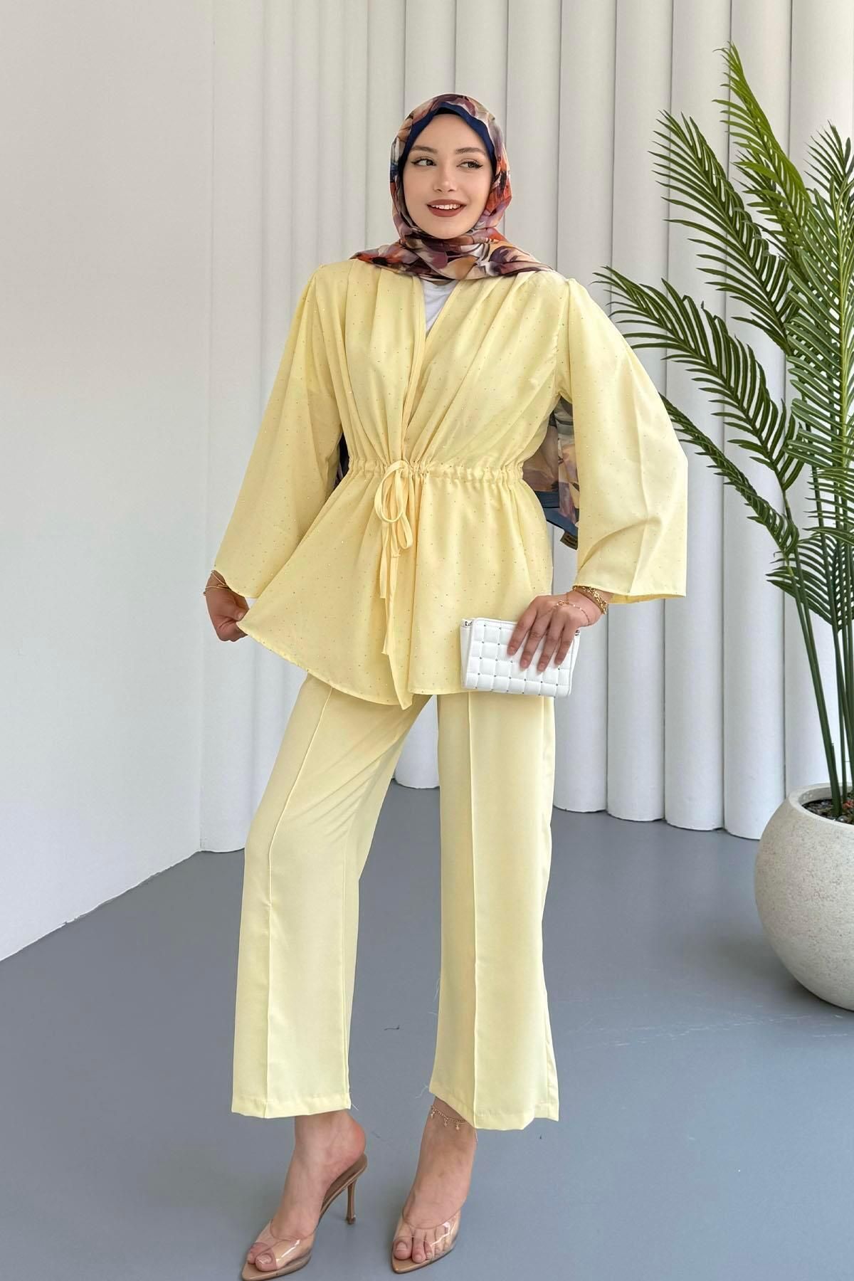 Modaensarbutik Belden Büzgülü Taş Serpmeli Kimono Pantolon Takım-SARI