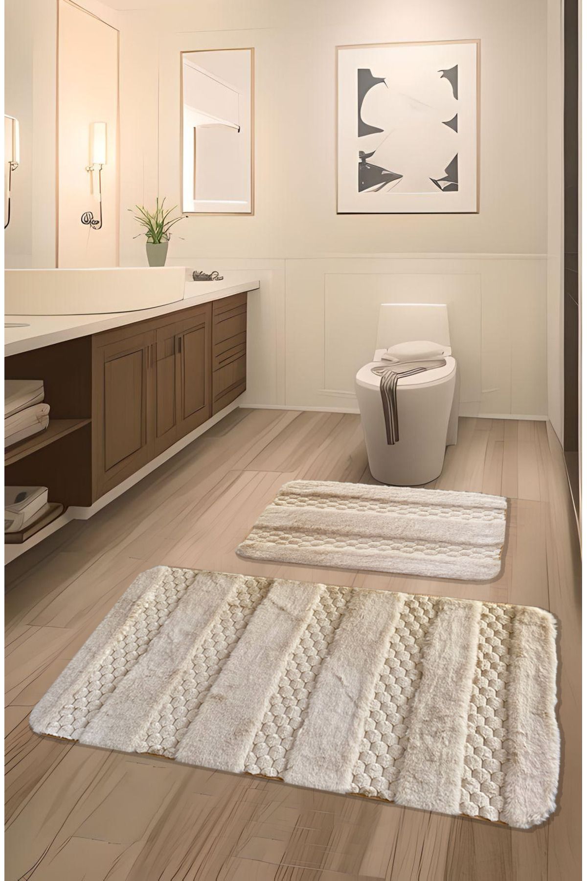 FeelHome Serante Tavşan Tüyü, Kaymaz Taban, Pofuduk, Yumuşacık, Ultra Lüks, Yıkanabilir 2'li Banyo Paspası