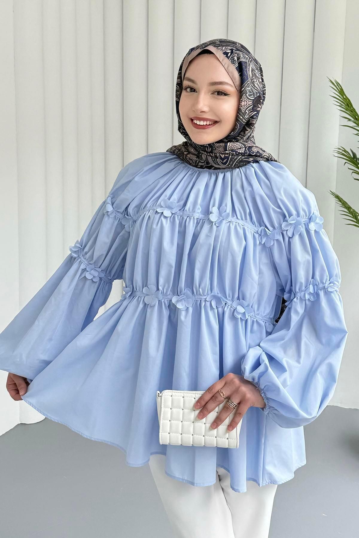 Modaensarbutik Reglan Minik Çiçek Detaylı Poplin Gömlek-MAVİ
