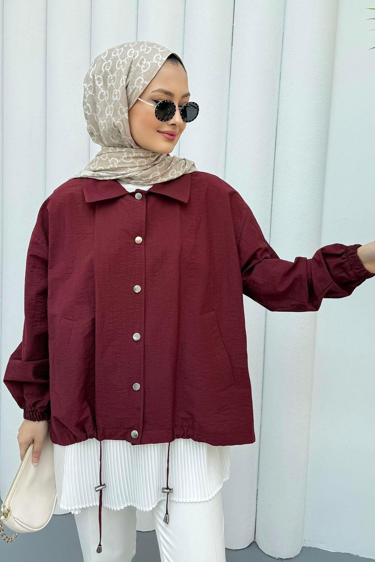 Modaensarbutik Altı Lastikli Düğme Detaylı Tesettür Gömlek-BORDO