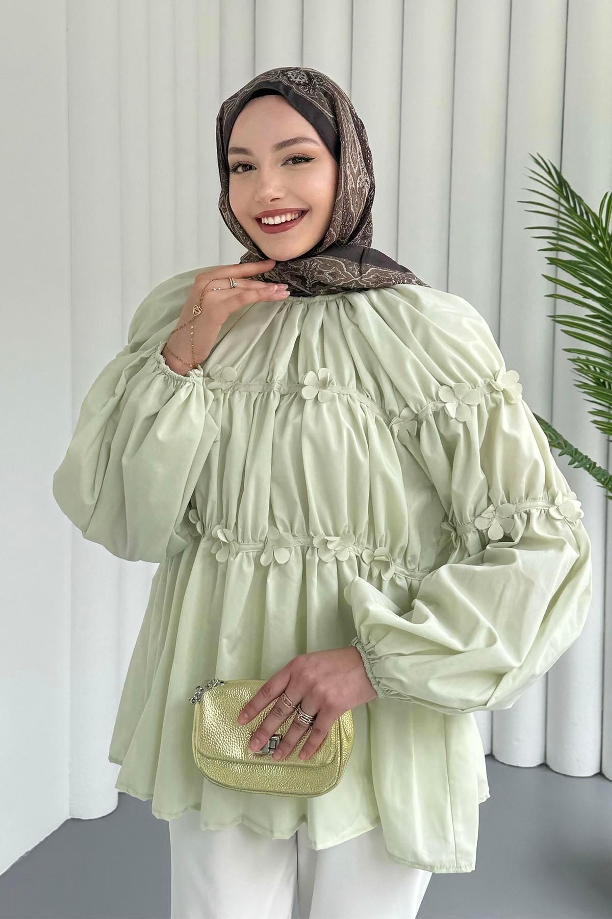 Modaensarbutik Reglan Minik Çiçek Detaylı Poplin Gömlek-YEŞİL