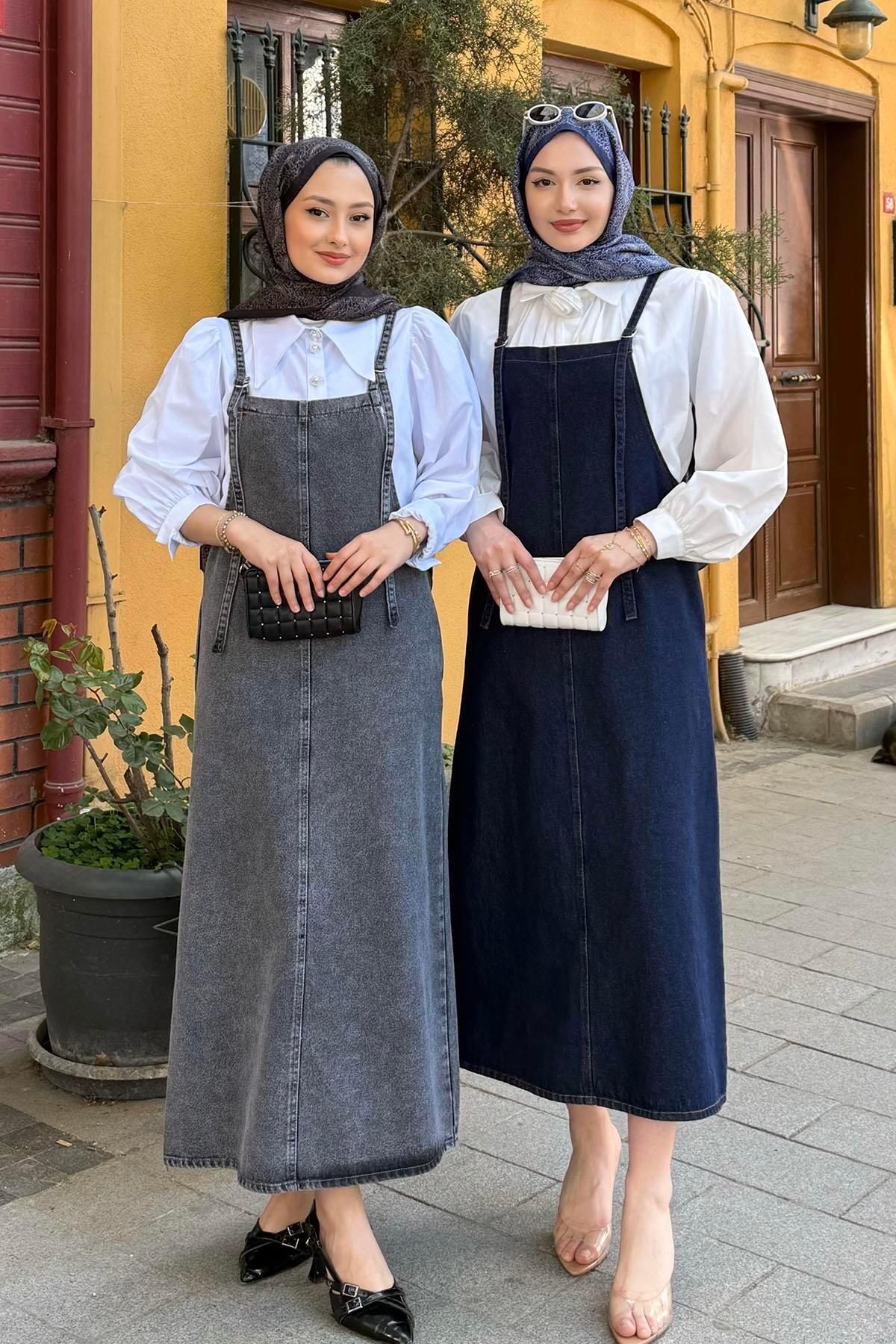 Modaensarbutik Denim Ayarlanabilir Aski Jile-KOYU MAVİ