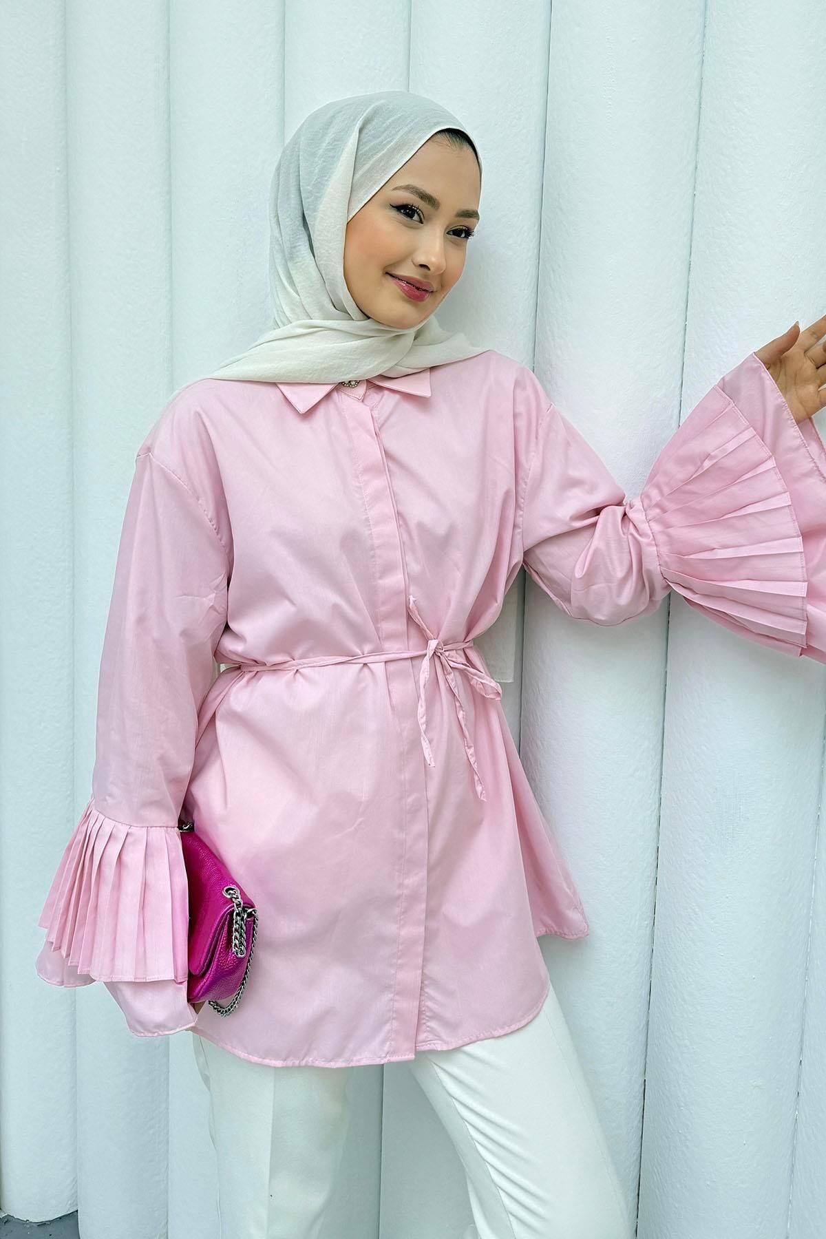 Modaensarbutik Kolu Piliseli Tasarım Tesettür Gömlek-PEMBE