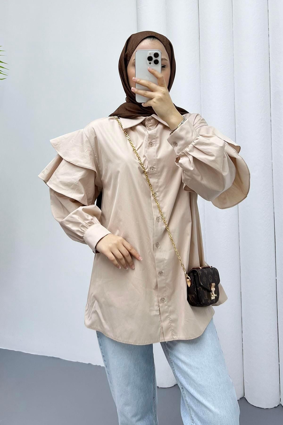 Modaensarbutik Kolları Kat Kat Detay Gömlek-TAŞ
