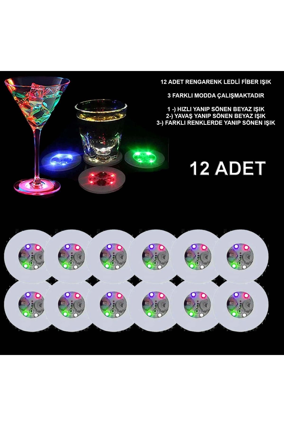 Yuba Avm Renkli Led Işıklı Bardak Altlığı - Dekoratif (12 Adet, Pilli)