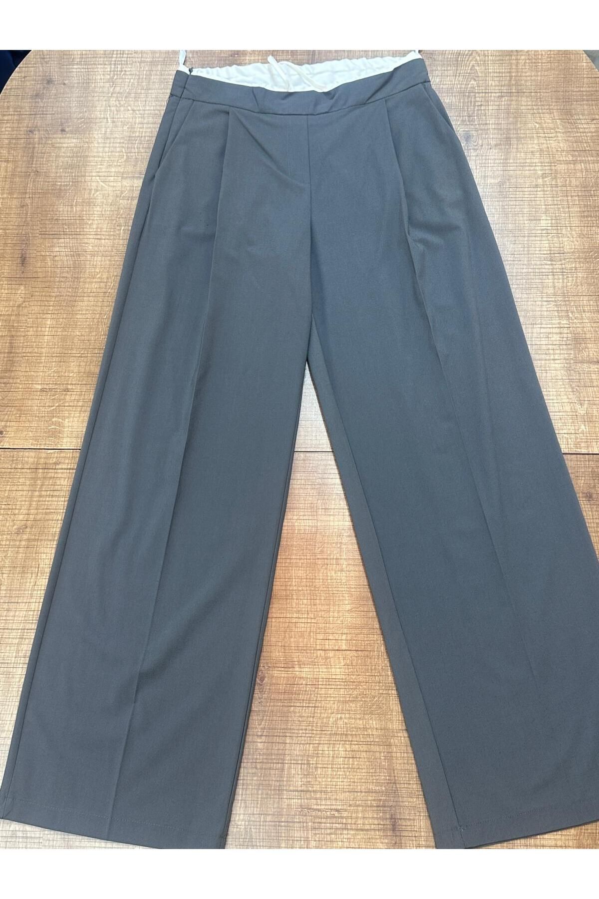 HANIMCA GİYİM BELİ KUMAŞ GİYDİRMELİ İPLİ YANDAN CEPLİ RAHAT KALIP TAM BOY GENİŞ PAÇA KADIN PANTALON