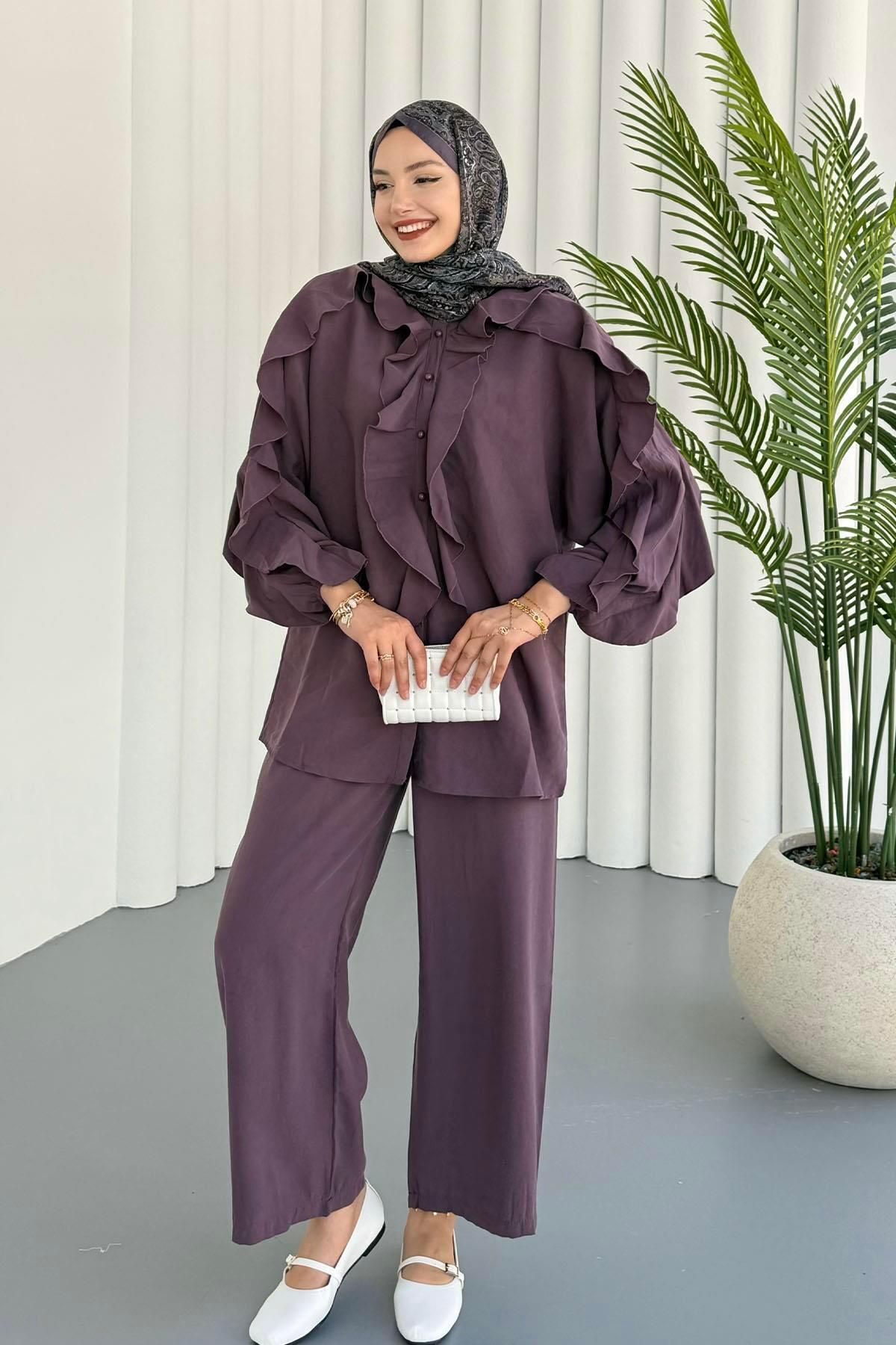 Modaensarbutik Flora Fırfır Detaylı Tesettür Takım-MOR