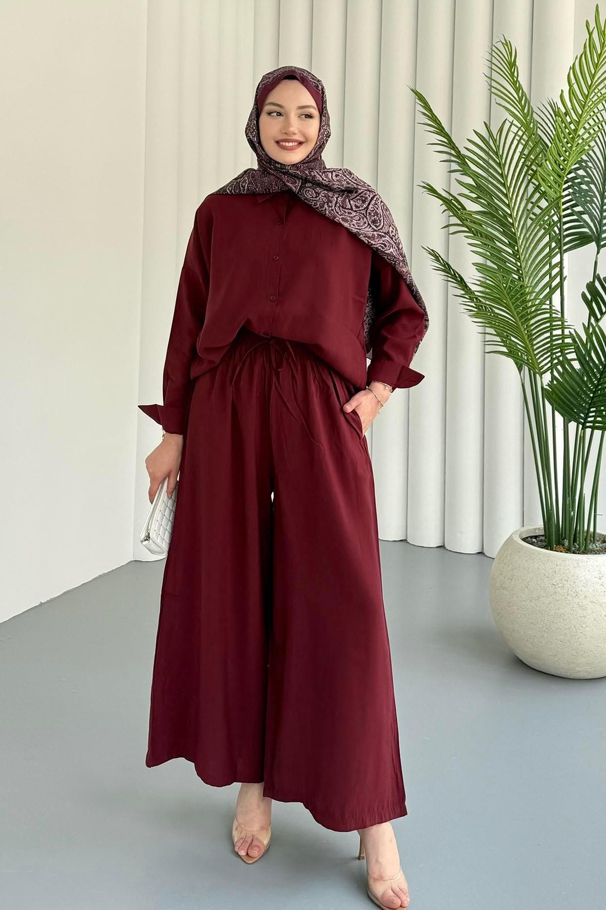 Modaensarbutik Düğmeli Gömlek Yaka İkili Tesettür Takım-BORDO