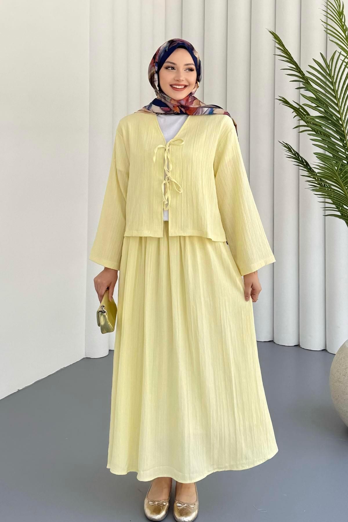 Modaensarbutik Önü Bağlamalı Etekli Tesettür Takım-SARI
