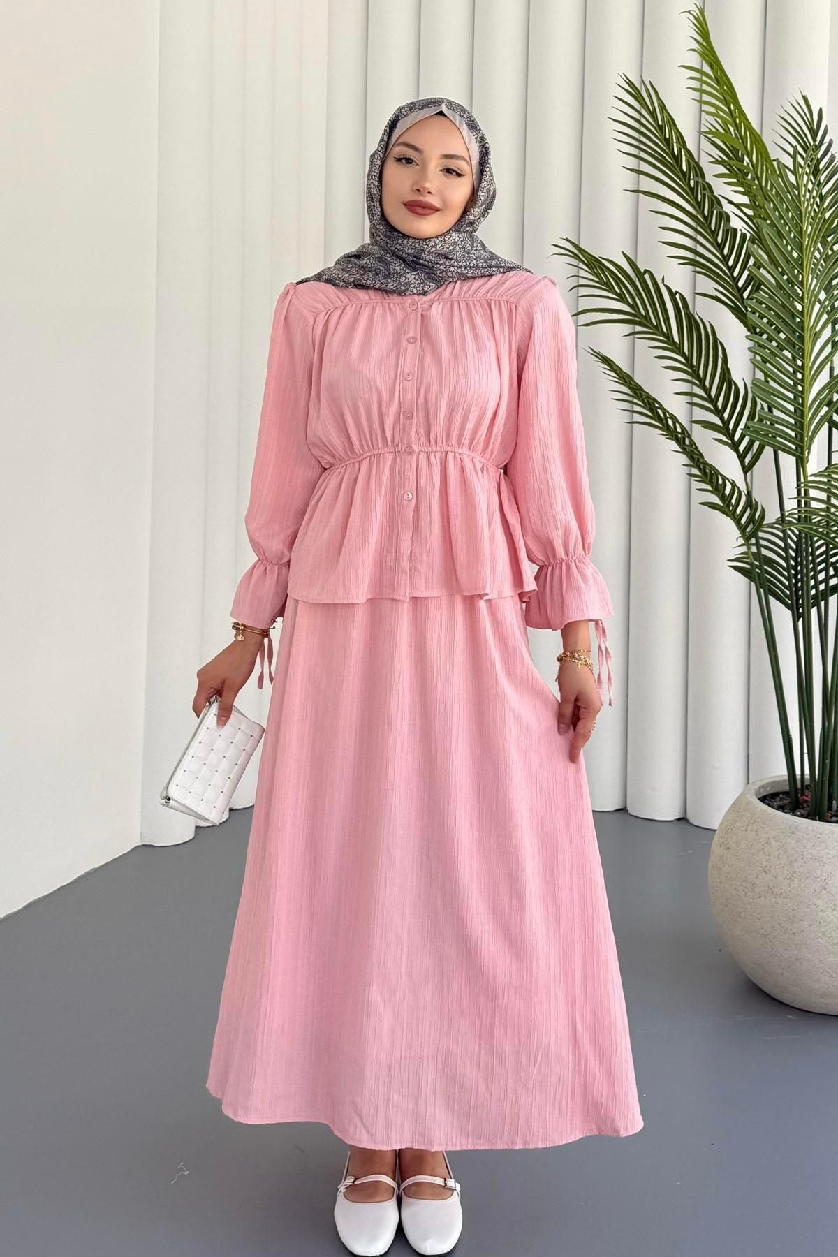 Modaensarbutik Bluzu Büzğü Detaylı Etekli Tesettür Takım-PEMBE