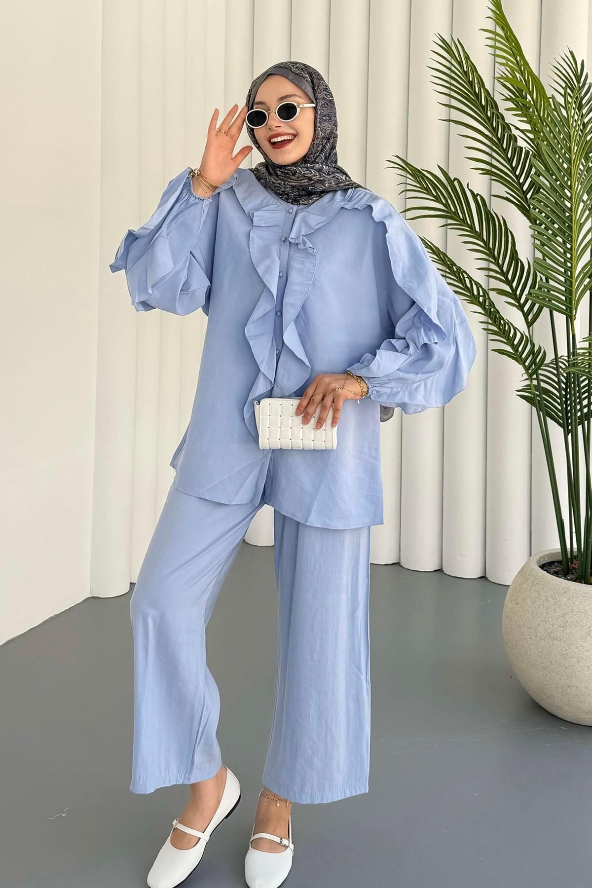 Modaensarbutik Flora Fırfır Detaylı Tesettür Takım-MAVİ