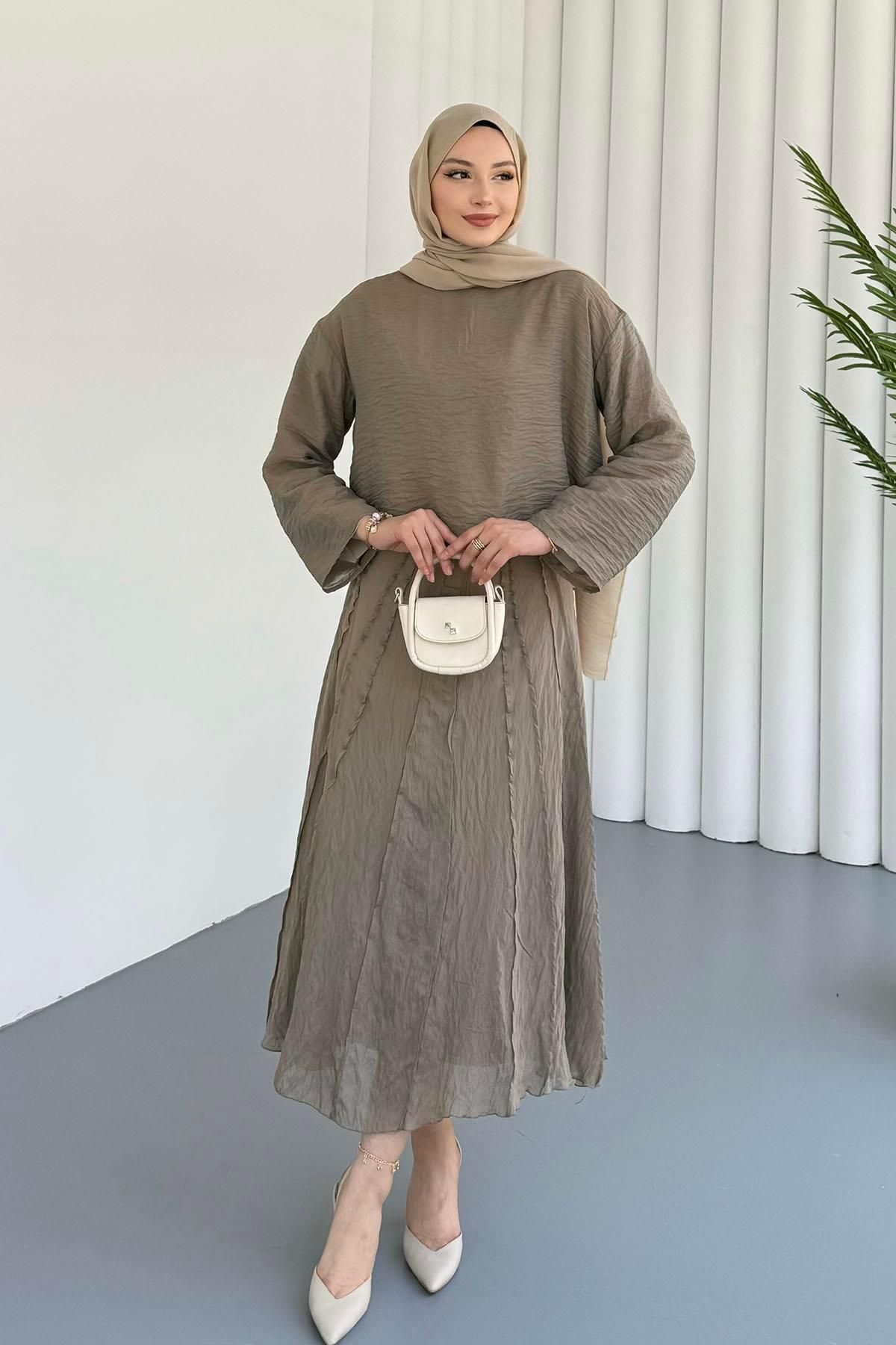 Modaensarbutik Eteği Nervür Dikişli Şifon Tesettür Takım-ÇAĞLA YEŞİLİ