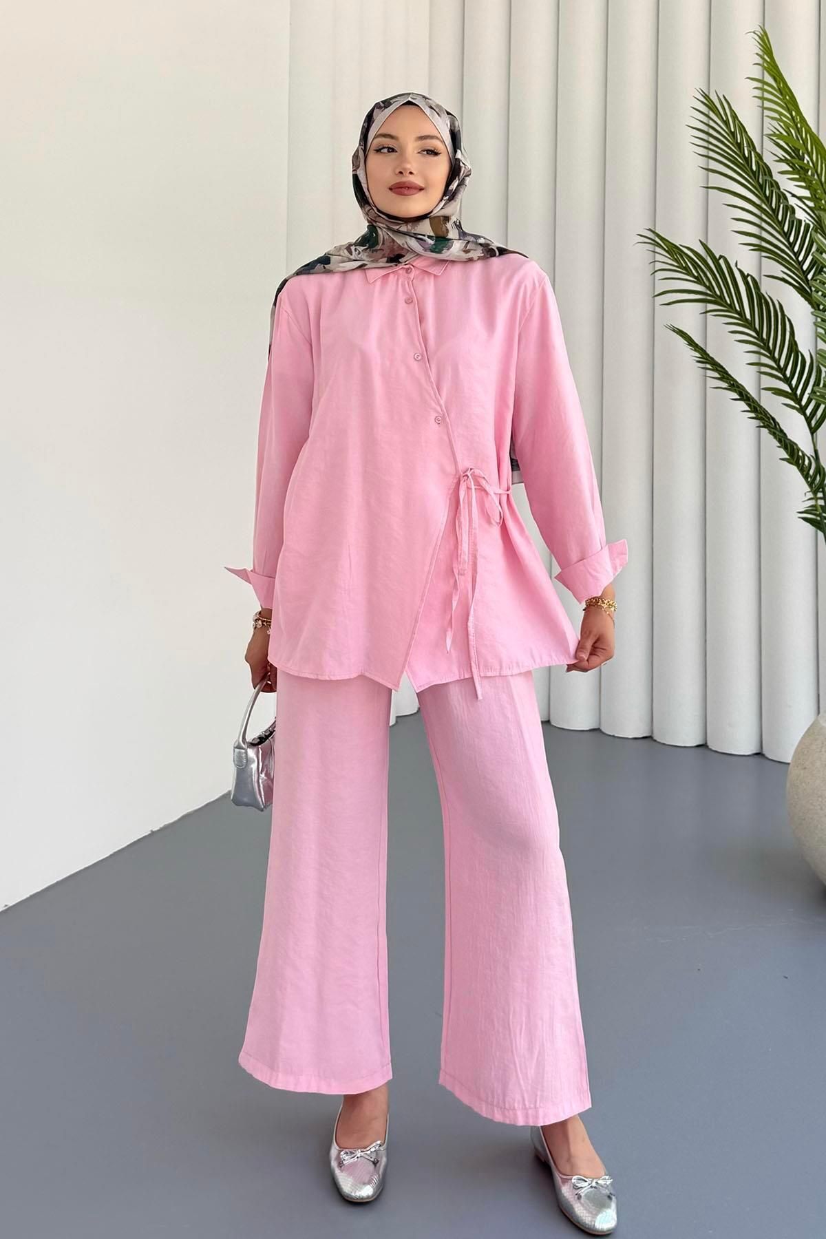 Modaensarbutik Gömleği Yandan Bağlamalı Modal Pantolonlu Tesettür Takım-PEMBE