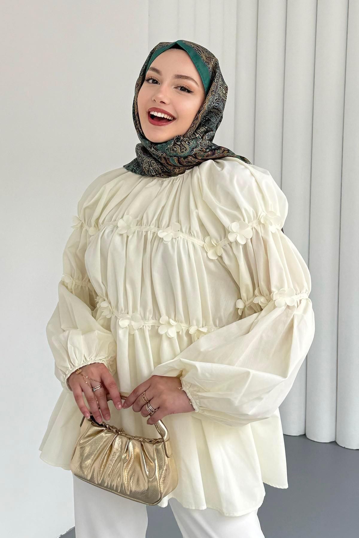 Modaensarbutik Reglan Minik Çiçek Detaylı Poplin Gömlek-SARI