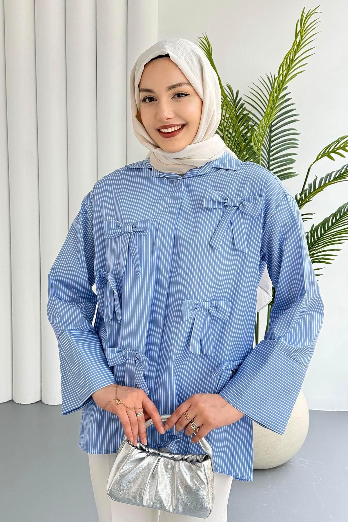 Modaensarbutik Fiyonk Detaylı Çizgili Gömlek-MAVİ
