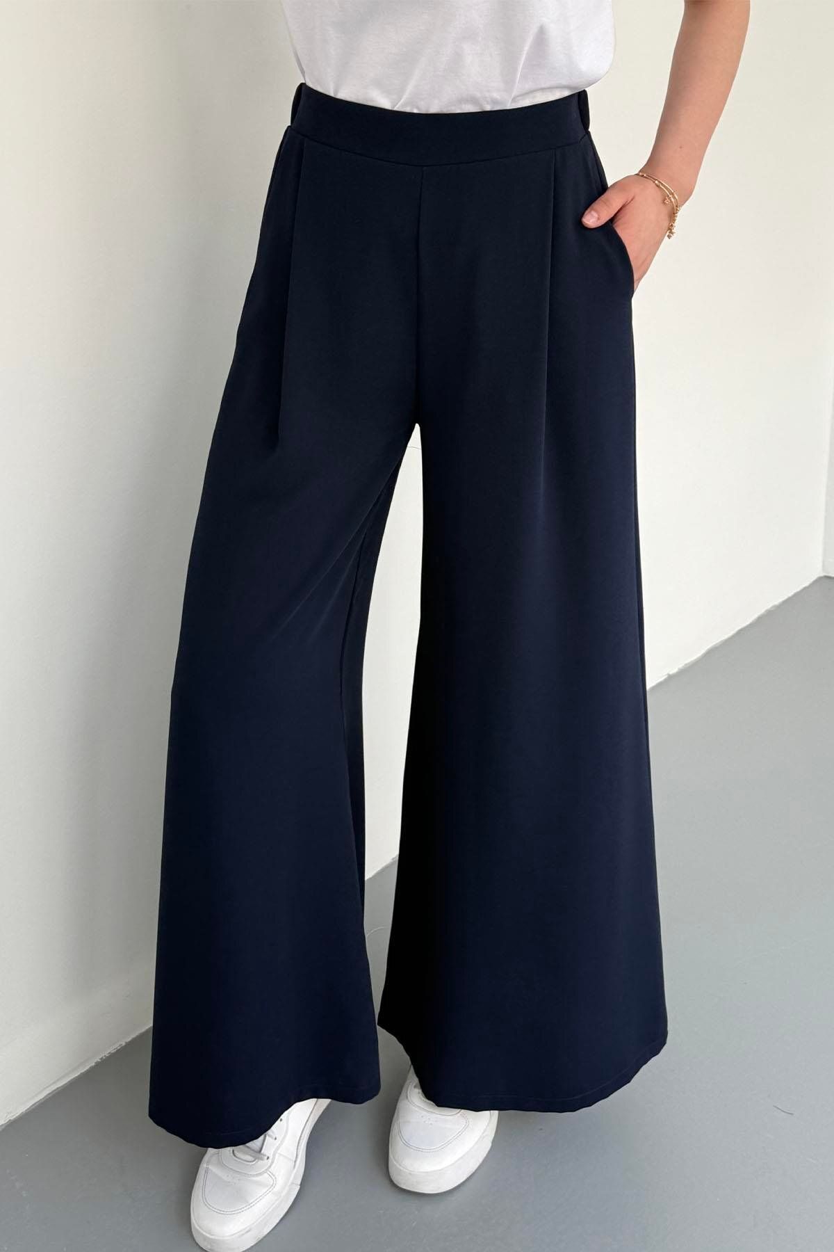 Modaensarbutik Beli Laatikli Plazzo Pantolon-LACİVERT