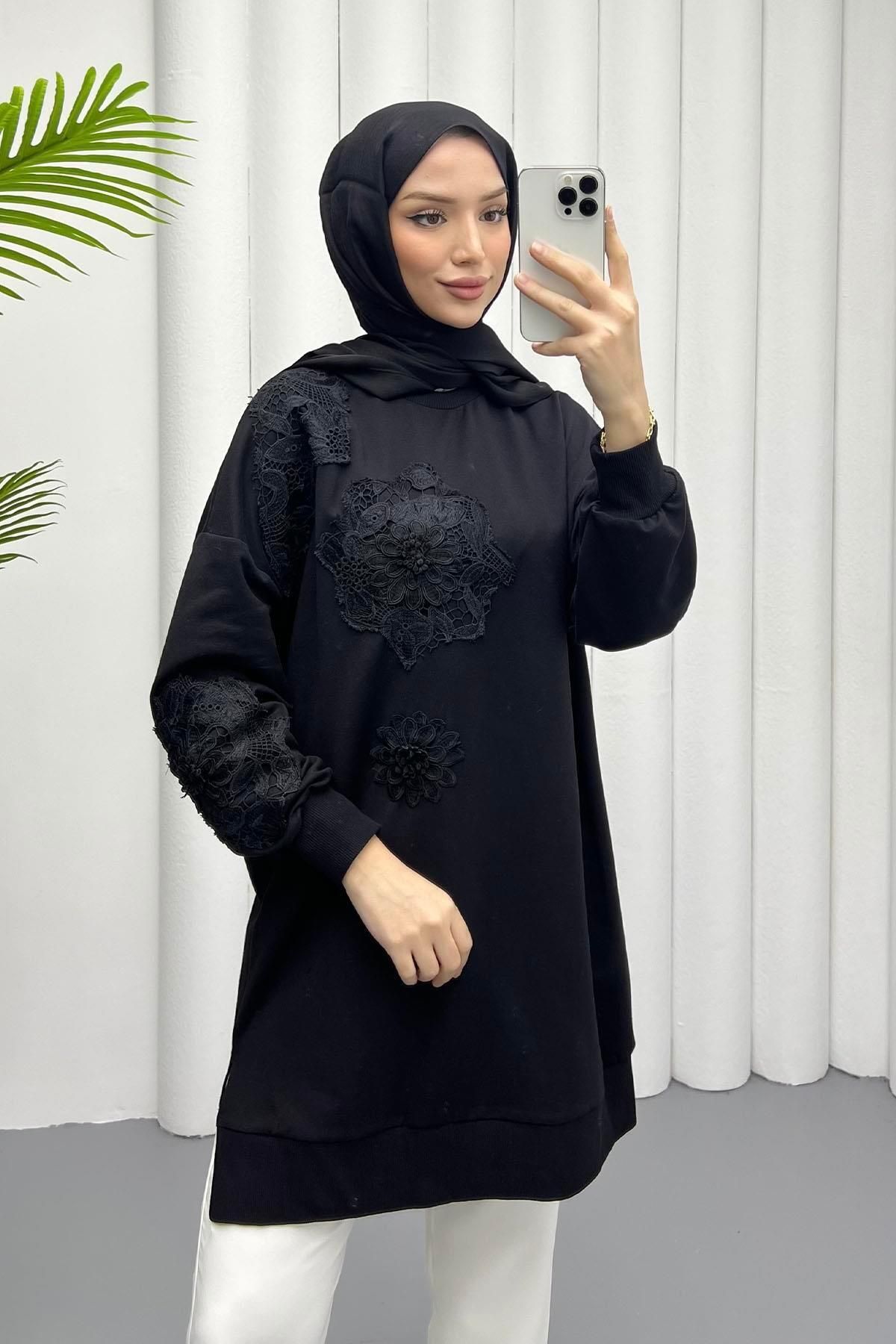 Modaensarbutik Nakış Detaylı Sweatshirt-SİYAH