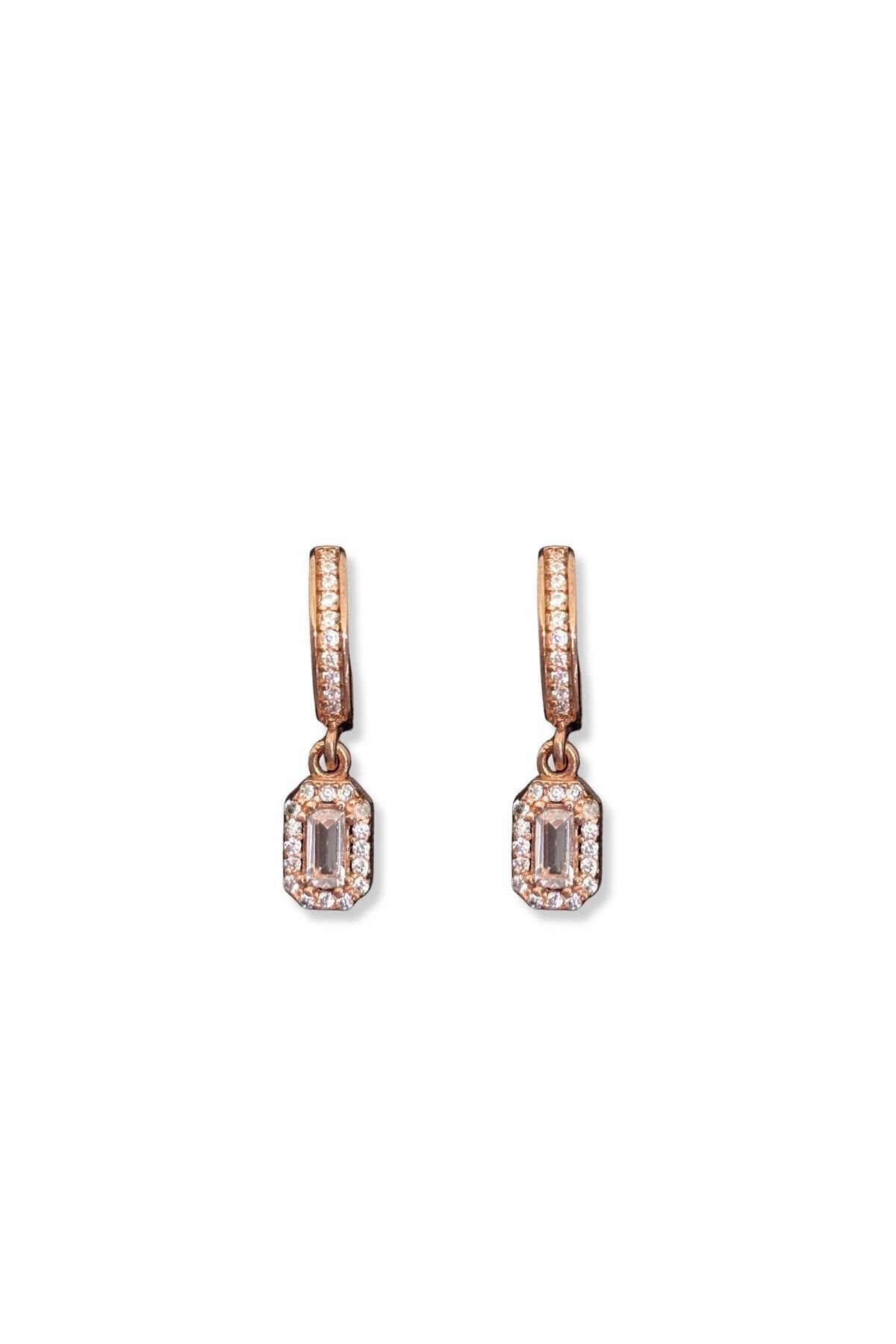 oya silver Minimal Taşlı Sallantılı Baget Taşlı Gümüş Halka Küpe 1.2x1.2 cm