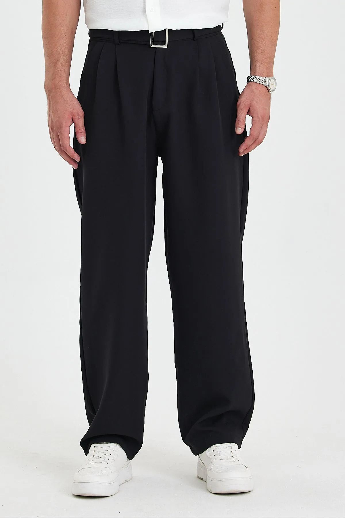 Gray Clothing Yazlık Pileli Baggy Kalıp Cepli Kemerli Tokalı Erkek Kumaş Pantolon Kahverengi
