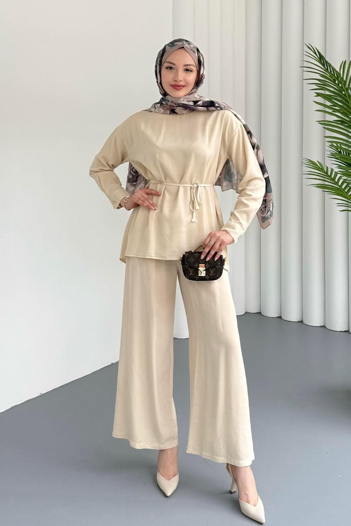 Modaensarbutik Belden Bağlamalı Basic Pantolonlu Tesettür Takım-TAŞ