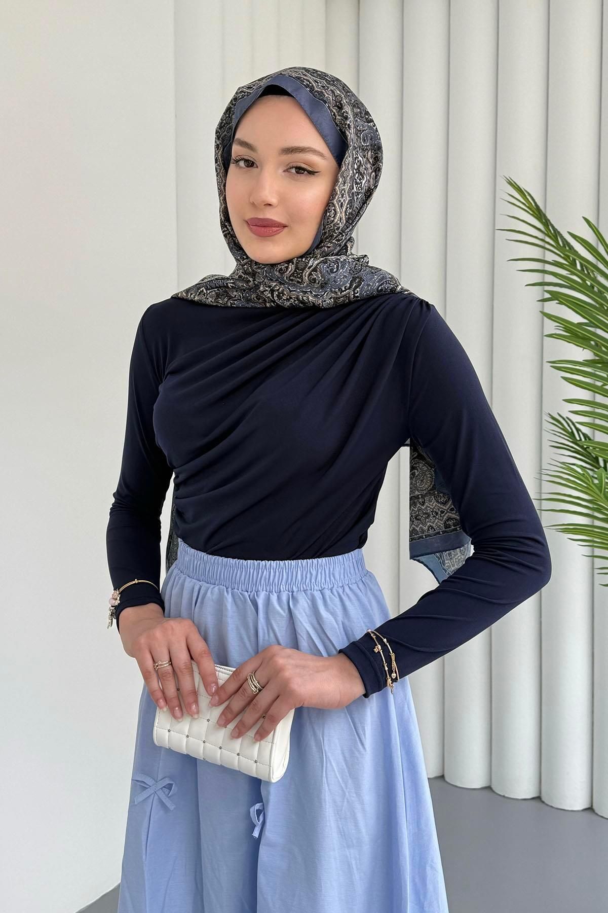 Modaensarbutik Omuz Pile Detay Sandy Bluz-LACİVERT