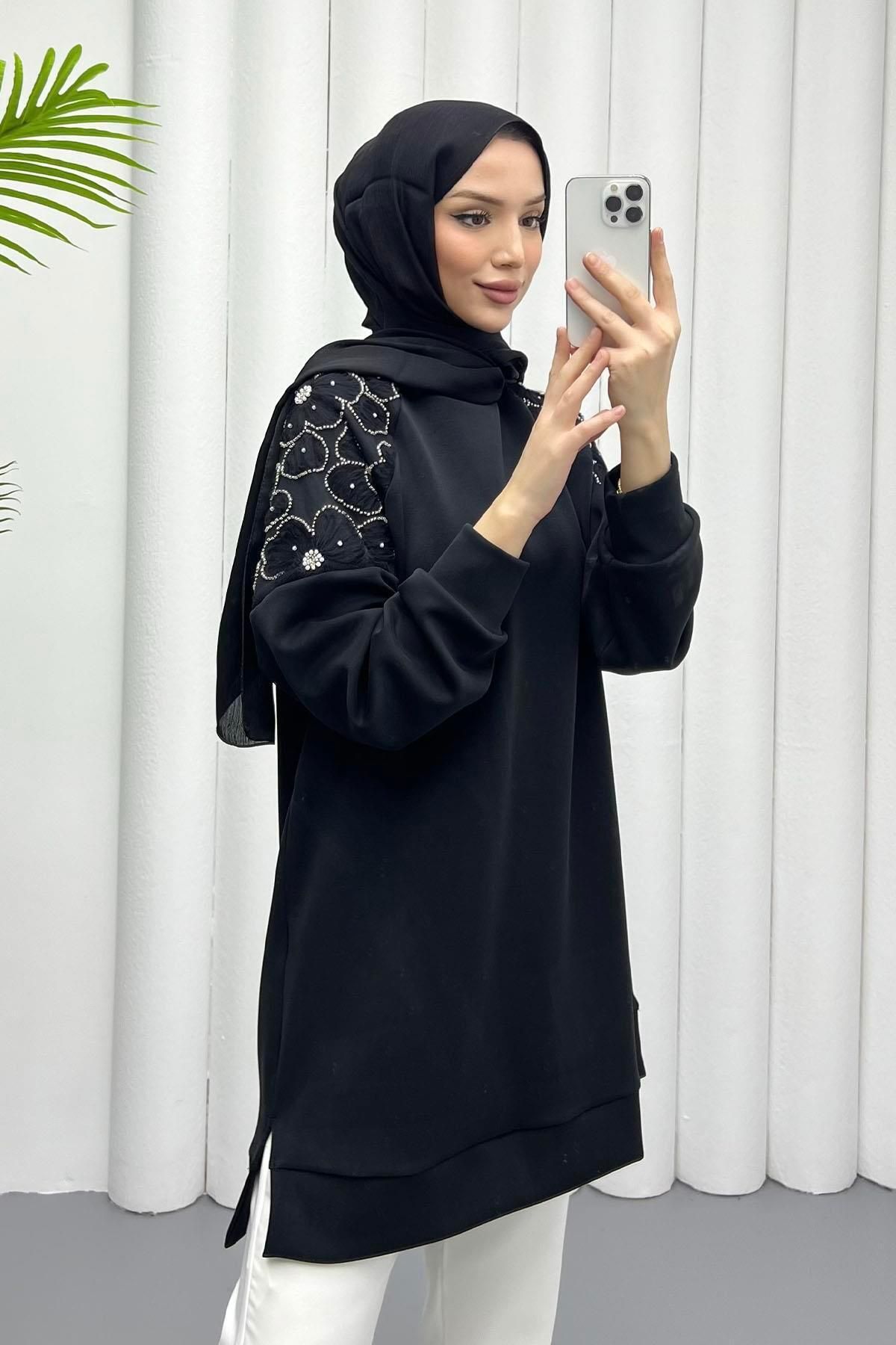Modaensarbutik Omuzları Tül Detaylı Sweatshirt-SİYAH