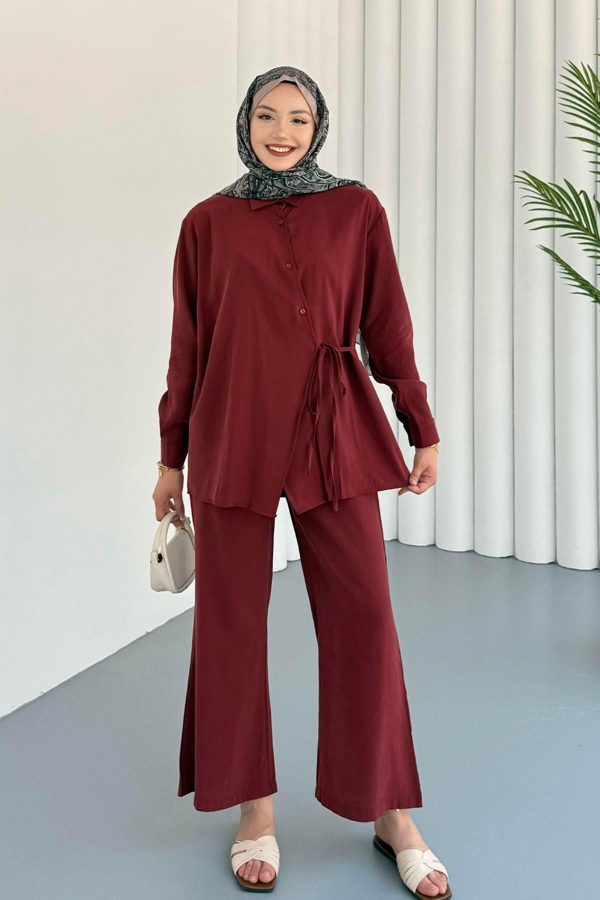 Modaensarbutik Gömleği Yandan Bağlamalı Modal Pantolonlu Tesettür Takım-BORDO