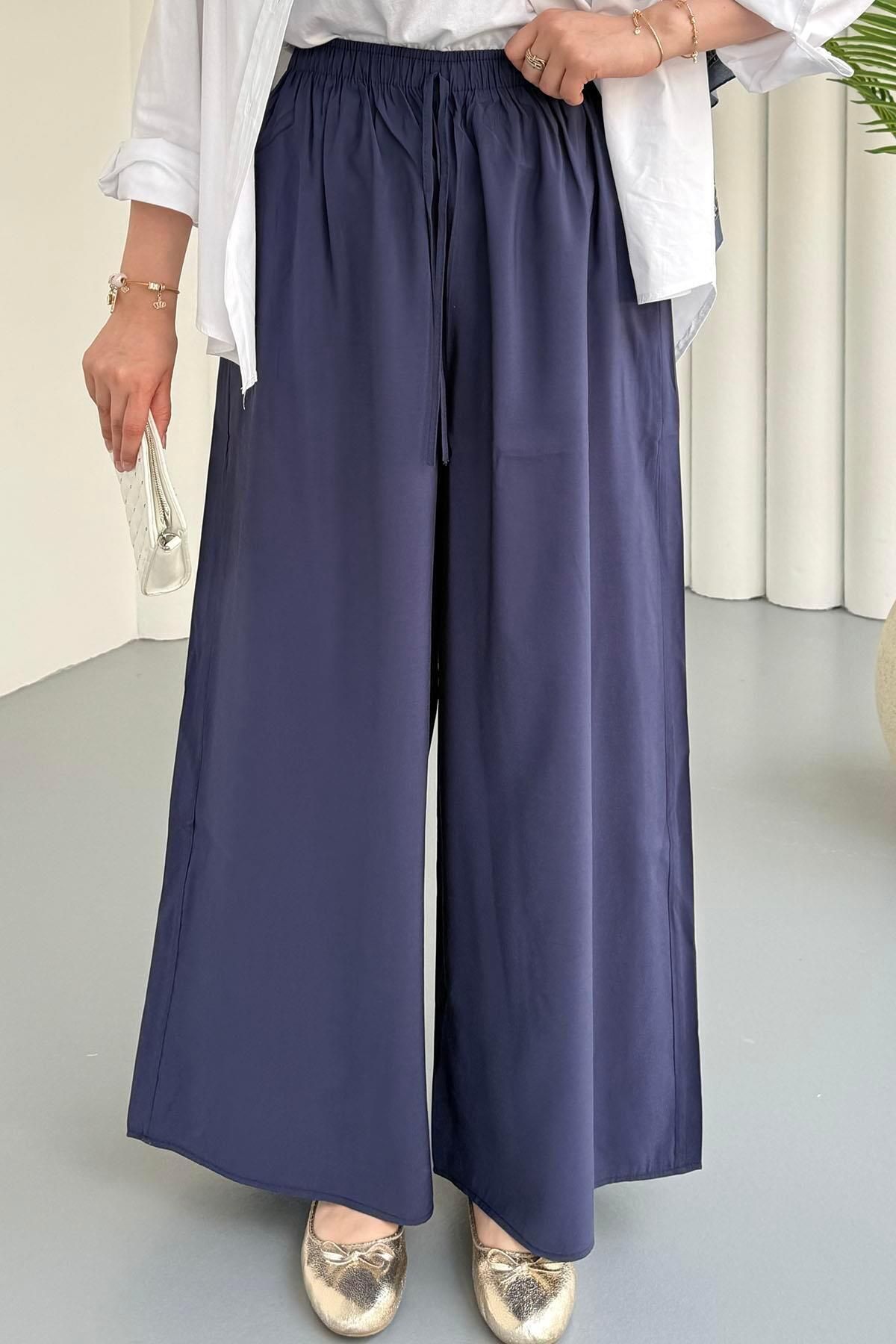 Modaensarbutik Lastikli Beli Ayarlanabilir Bol Paça Pantolon-LACİVERT