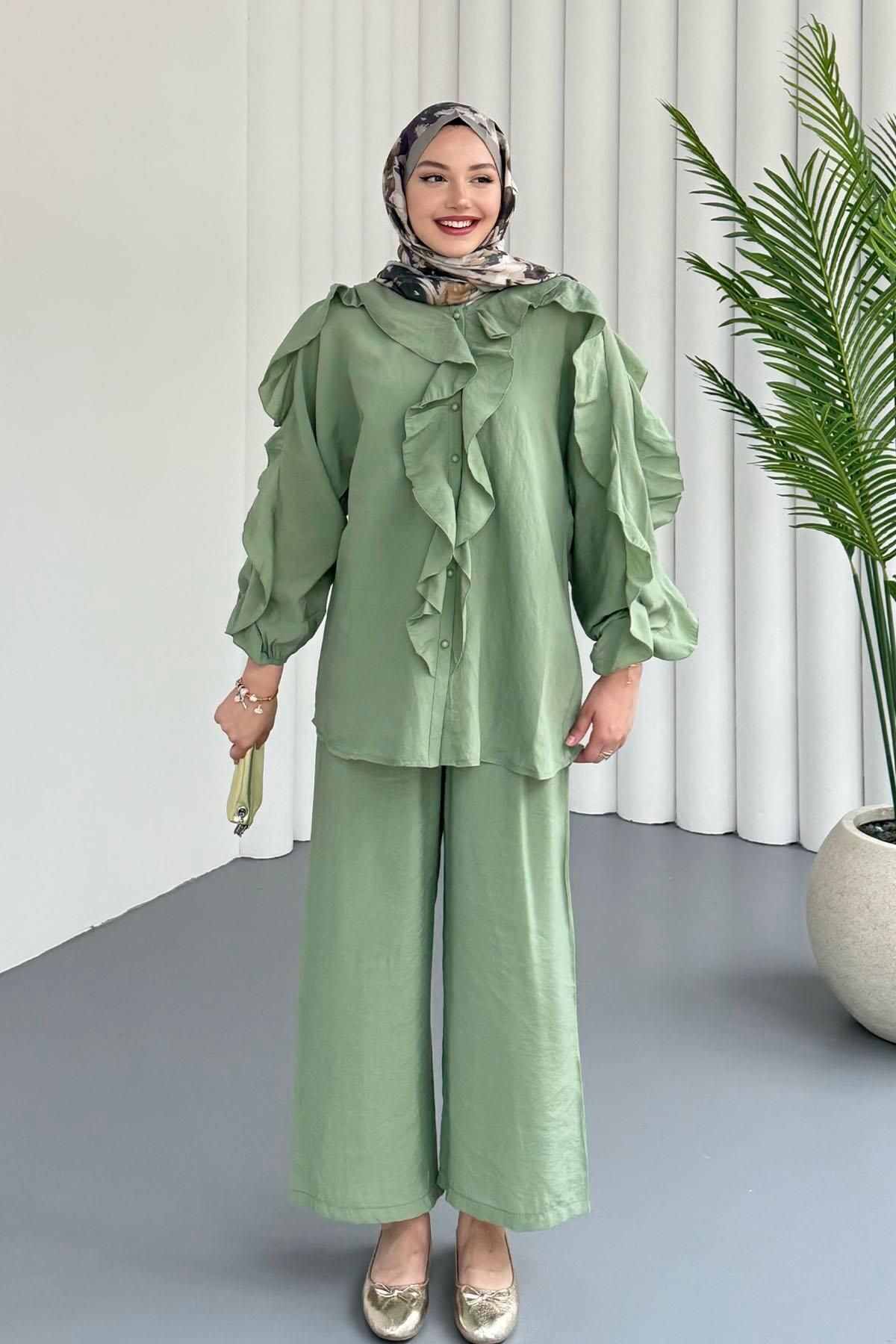 Modaensarbutik Flora Fırfır Detaylı Tesettür Takım-HAKİ YEŞİL