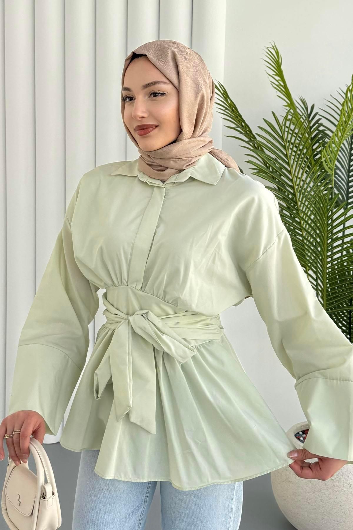 Modaensarbutik Beli Bağlamalı Tesettür Gömlek-MİNT YEŞİLİ
