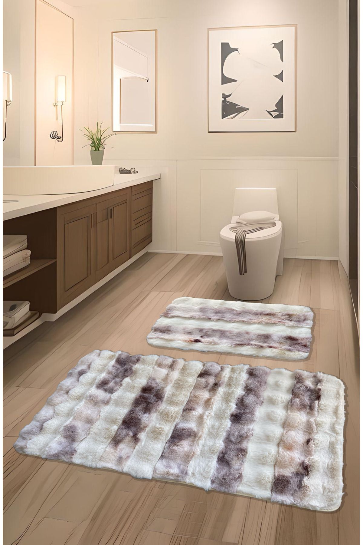 FeelHome Serante Tavşan Tüyü, Kaymaz Taban, Pofuduk, Yumuşacık, Ultra Lüks, Yıkanabilir 2'li Banyo Paspası